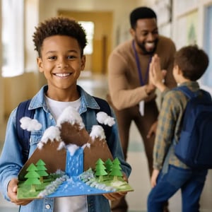 Young child smiling proudly while holding a project in a school hallway