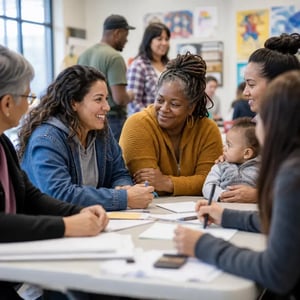 Diverse group of community volunteers and parents talking and collaborating