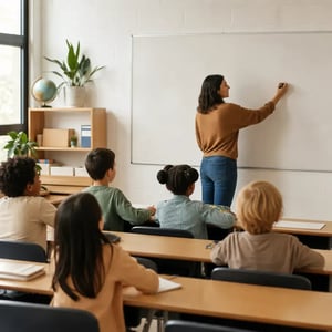 Diverse classroom of focused elementary school students with their teacher