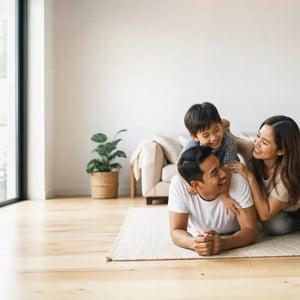 Happy family laughing together in living room