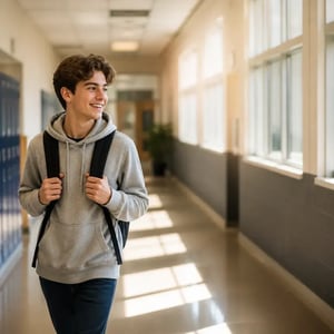 Happy student walking in school hallway