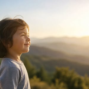 A hopeful young child smiling and looking forward to a bright future